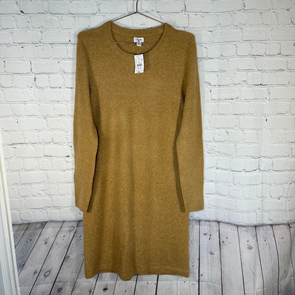 New J.Crew Womens Camel Brown Knit Crewneck Sweater Dress AT852 Size S